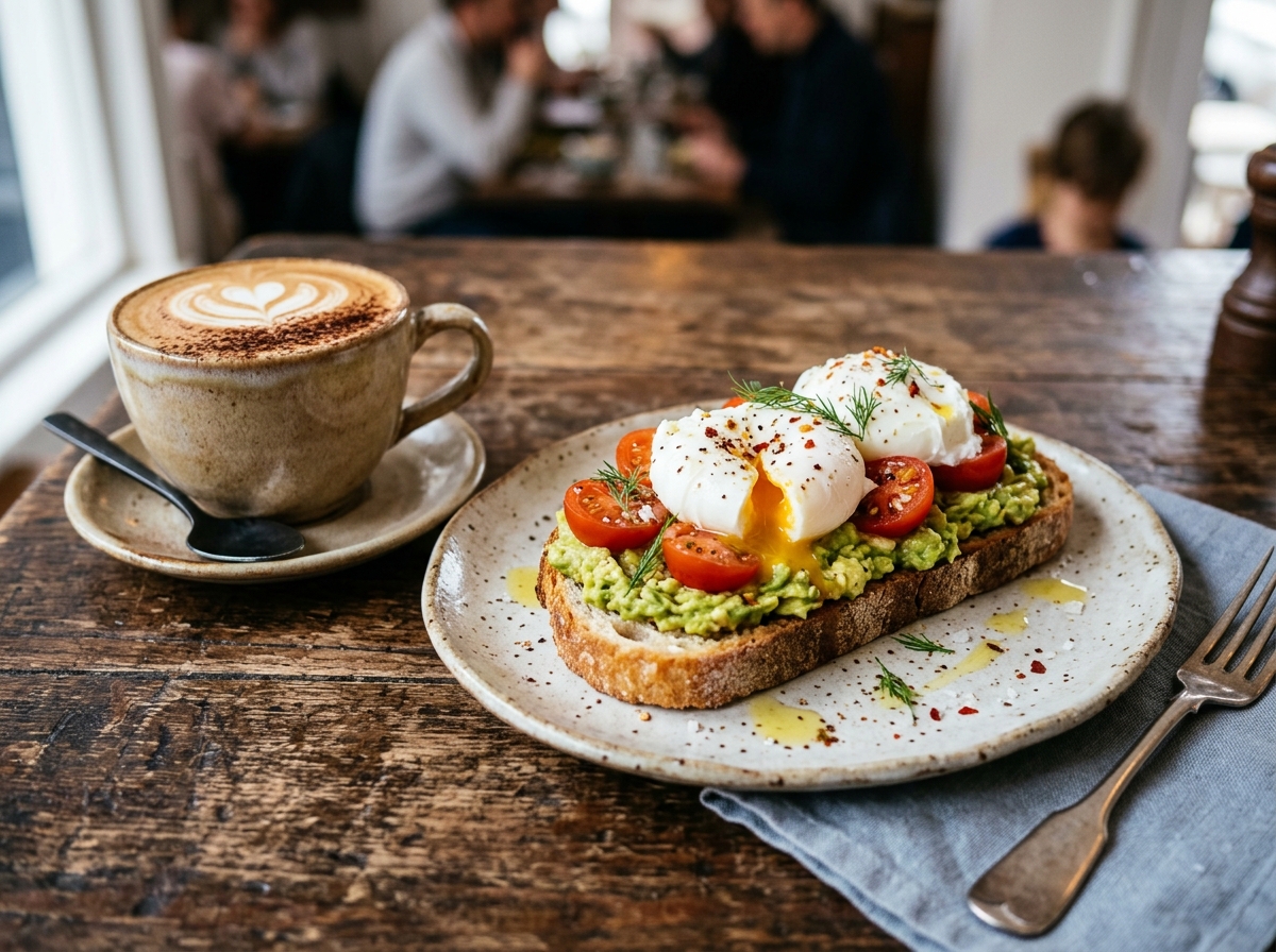 Poached eggs and coffee on wood table