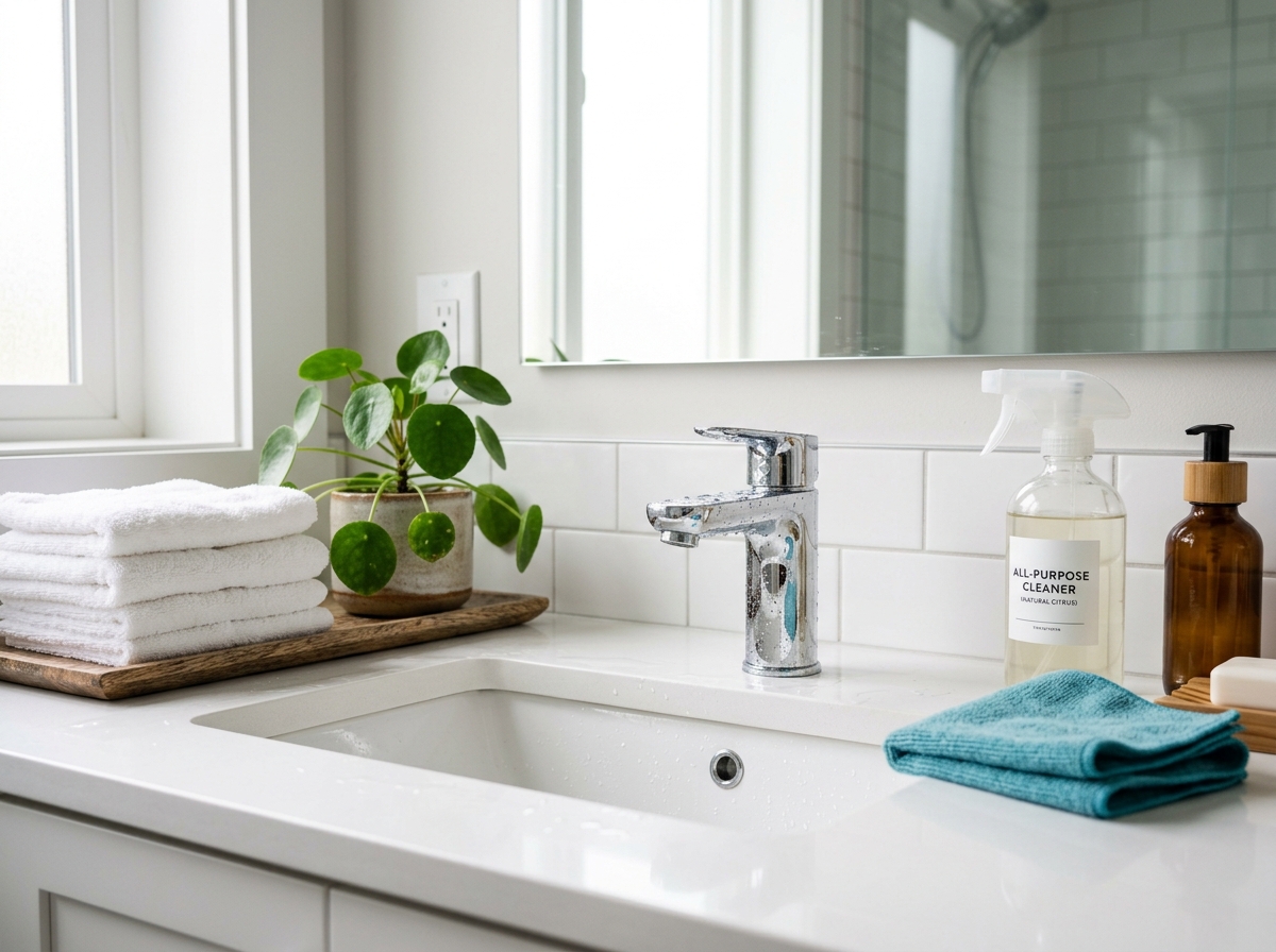 Clean bathroom faucet and supplies