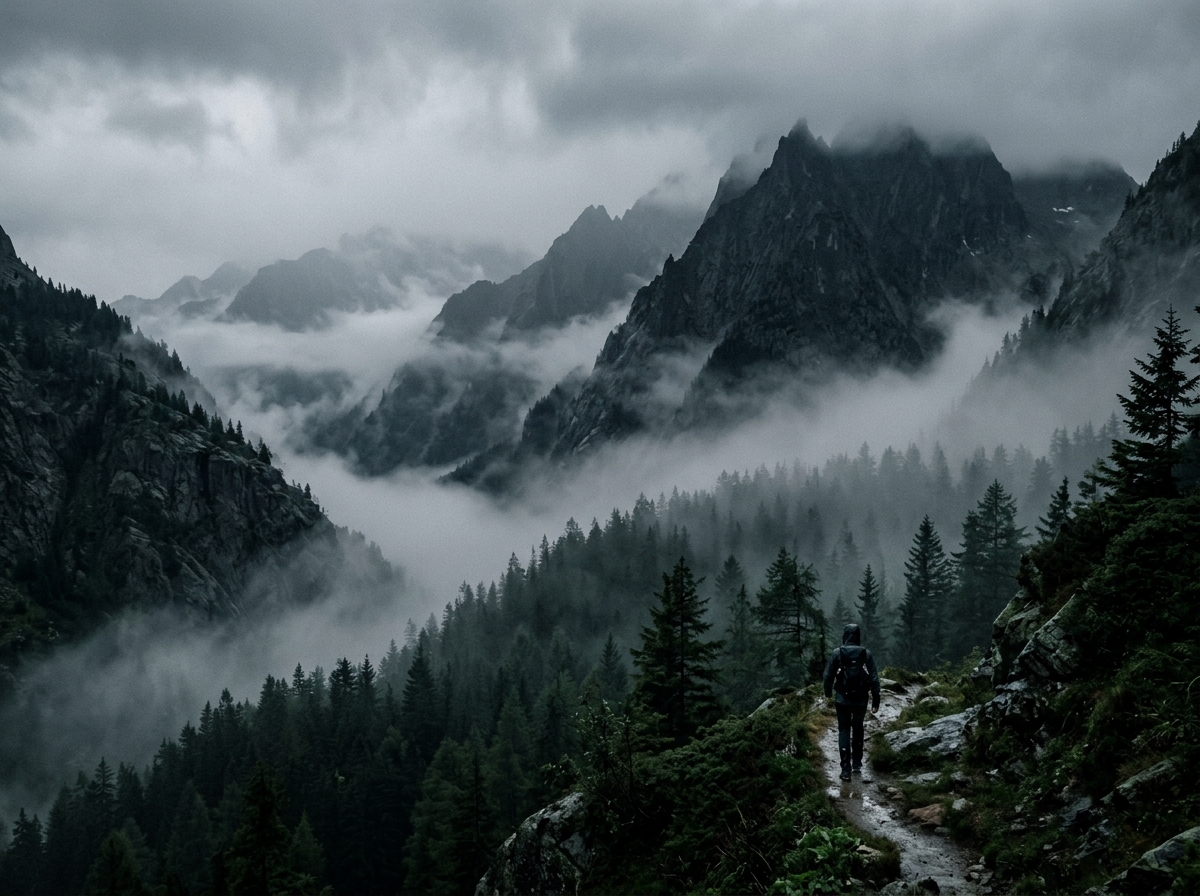 Moody alpine misty landscape